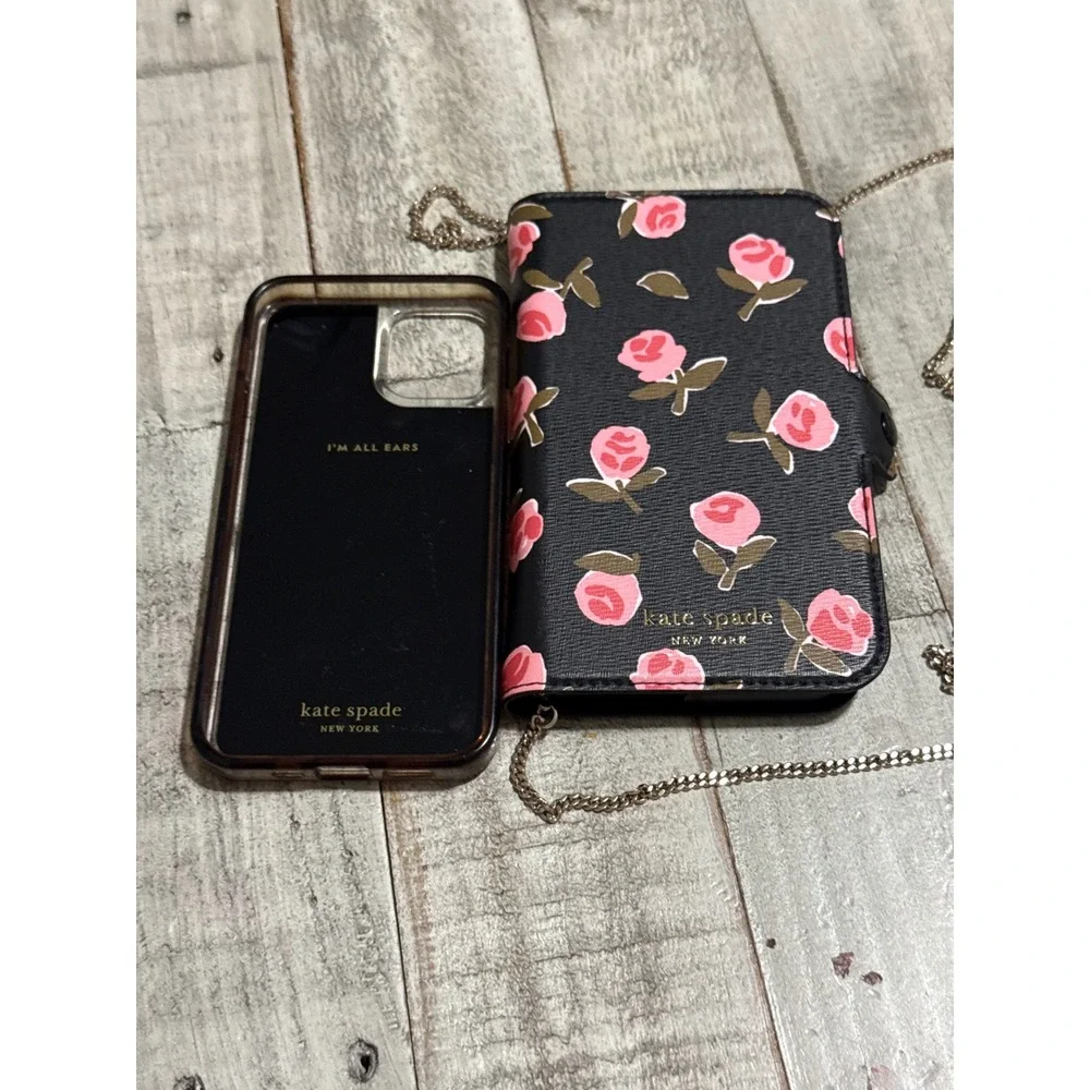 Kate Spade iPhone 11 Pro Magnetic Folio Crossbody Case Black Pink Rose Floral